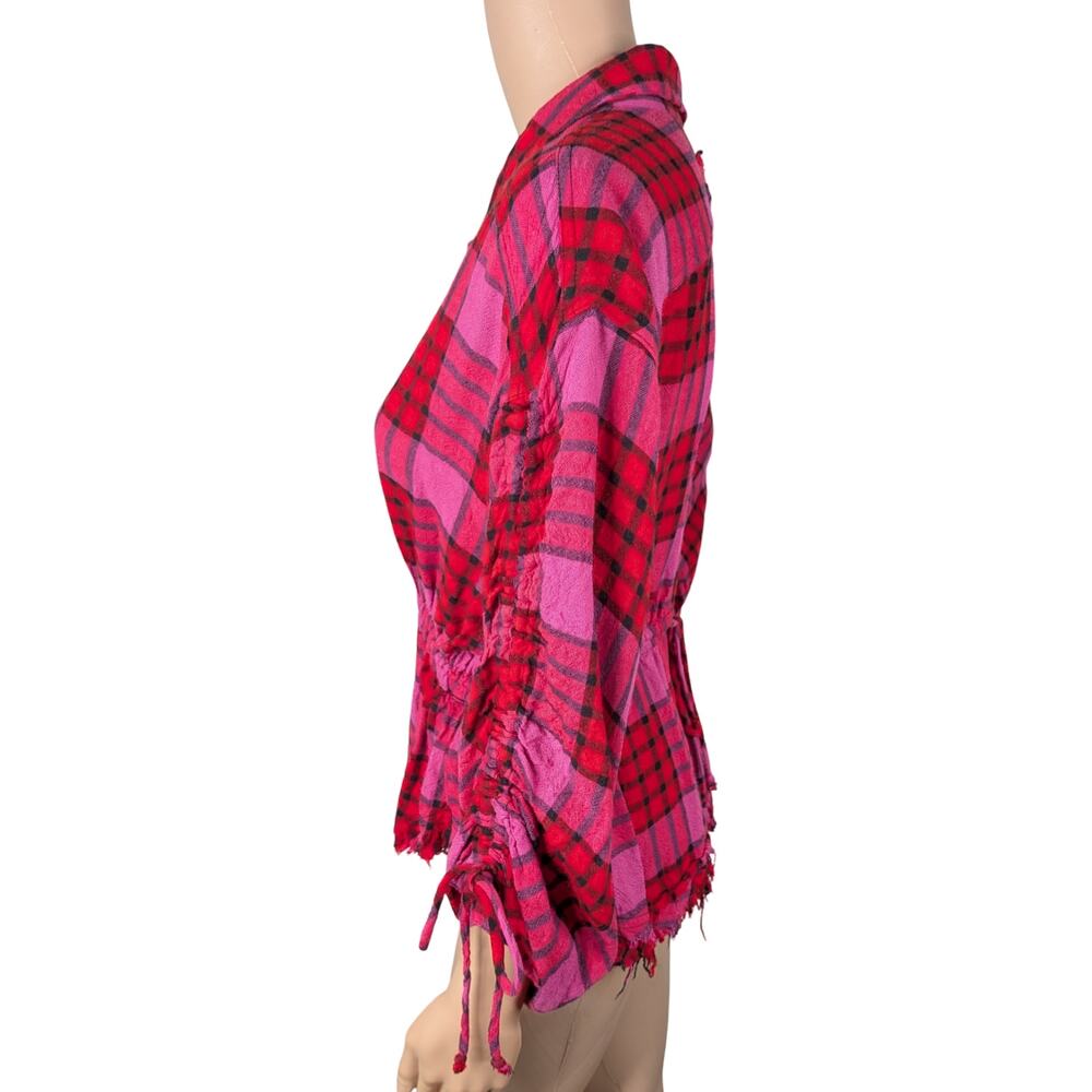 Free People We The Free Pacific Dawn Plaid Snap Top S | Red Pink Ruched Peplum - Picture 8 of 12